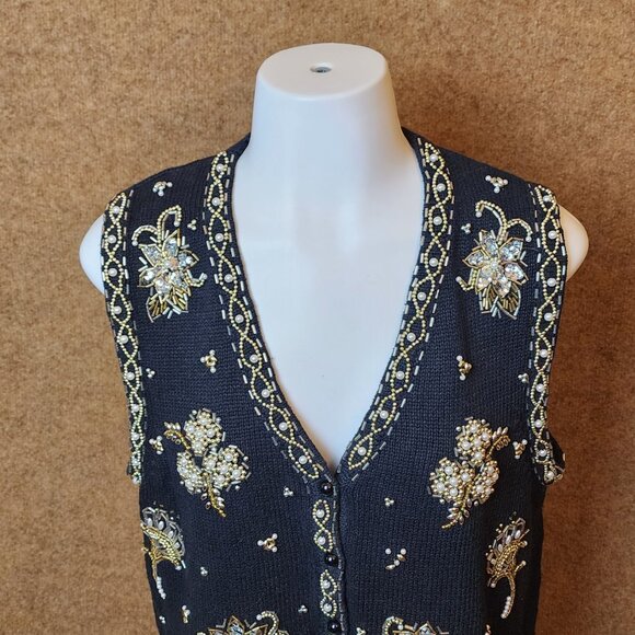 Vintage Yarn Works Women Sweater Vest Button Beaded Black Floral Sequined Small - Picture 9 of 11